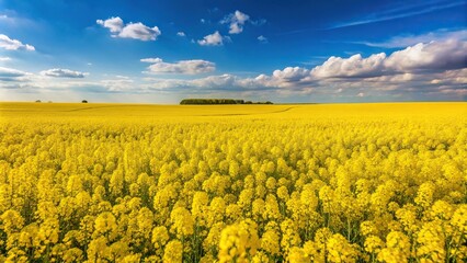 Fototapeta premium Eye level view of yellow rapeseed flowers growing in a field, known as Canola or Colza plant, for green energy