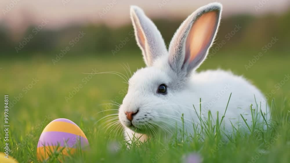 Poster white rabbit is relaxing in a grassy field with a colorful easter egg nearby. the rabbit is looking 
