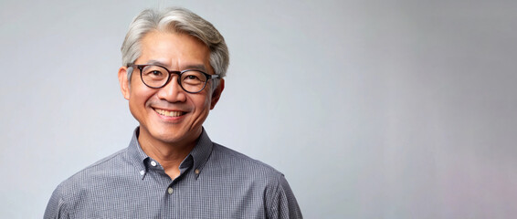 Senior Asian man with glasses smiles warmly against a neutral gray backdrop, conveying joy and contentment in a bright, lively moment
