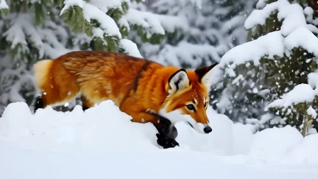 Red fox makes its way through deep snowdrifts in a snowy forest. It leaps and bounds, its thick fur keeping it warm in the cold winter weather