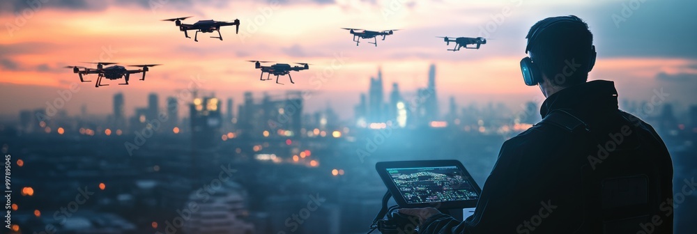 Poster The drone pilot expertly manages a fleet of futuristic drones from a high-tech control center as evening settles over the city. Generative AI