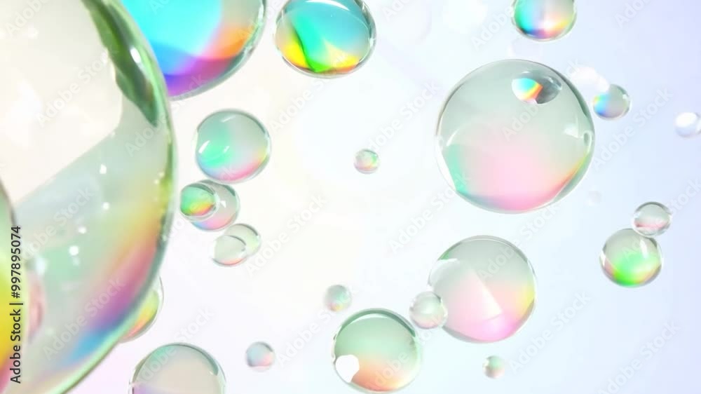 Poster different arrangements of colorful and iridescent soap bubbles on a white background, creating a mes