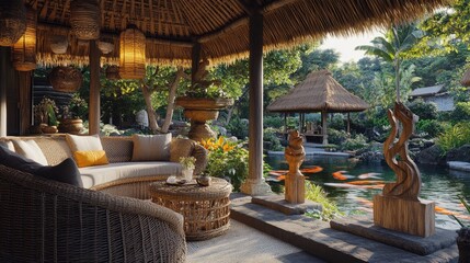 Fototapeta premium A cozy Balinese outdoor living pavilion with a thatched roof