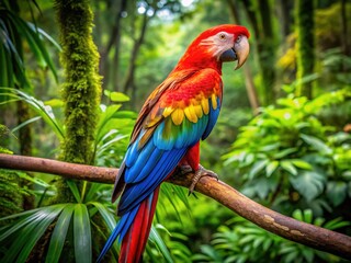 Colorful macaw perched on a branch in a lush green rainforest, showcasing vibrant feathers and beauty