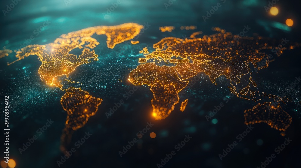 Poster glowing world map on dark background. globalization concept. communications network map of the world