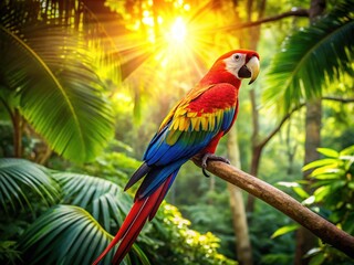 Fototapeta premium Colorful Parrot Hanging from a Branch in a Tropical Forest Under Bright Sunlight and Green Leaves