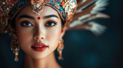 Fototapeta premium Portrait of a Woman in Traditional Asian Headwear