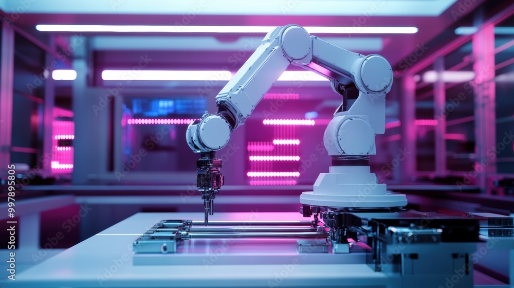 Poster the advanced robotic arm precisely constructs complex machinery in a modern lab filled with vibrant,