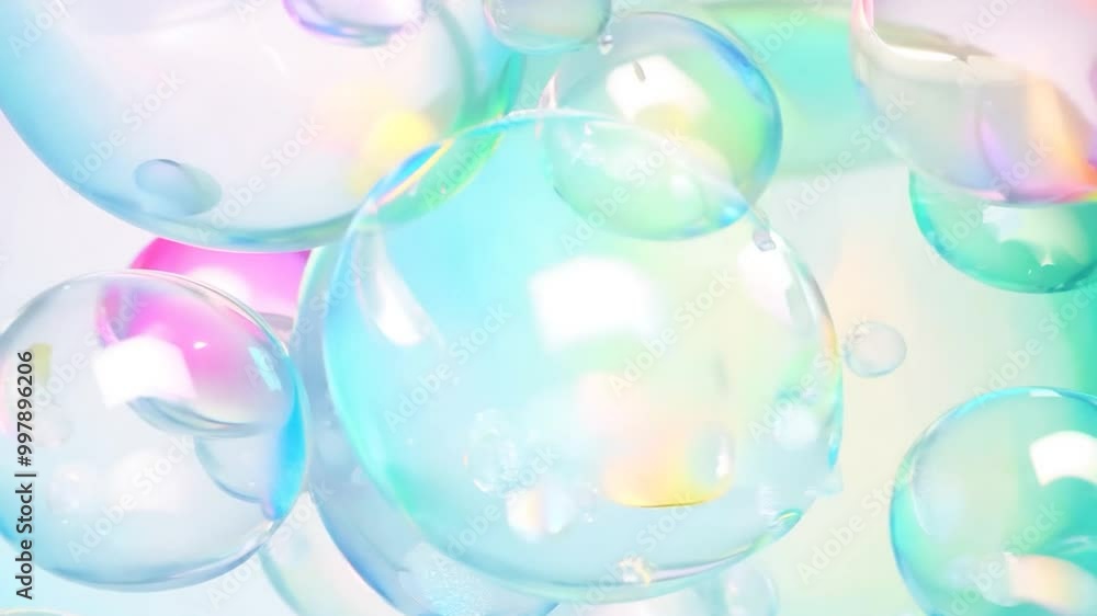 Poster multiple soap bubbles are slowly floating on a white background. the bubbles are iridescent and refl