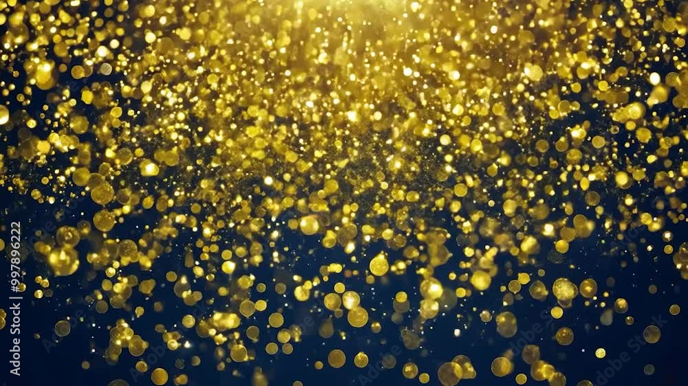 Poster gold particles slowly fall against a dark blue background, creating a mesmerizing effect with bokeh 
