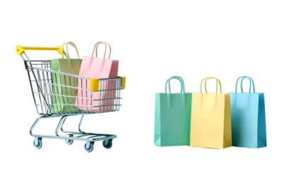 Small paper shopping bags with shopping cart on blue background. Marketing, commerce, shopping concept