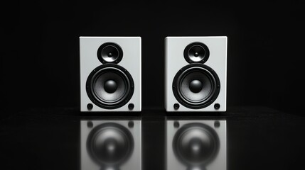 Glossy white bookshelf speaker. dark background. Audio, speakers, sound, music, listening.