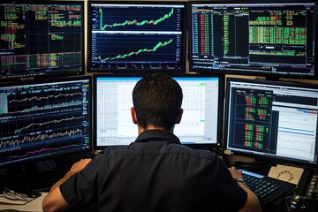 A financial analyst reviewing stock market trends on multiple computer monitors, with charts, numbers, and news feeds 