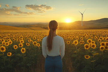 Fototapeta premium Girl watching beautiful golden sunrise in the beautiful sun flower garden