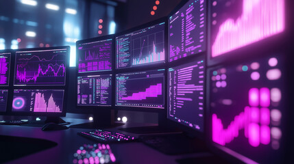 Computer monitor displaying an abstract network monitoring dashboard with real-time data analytics, graphs, Ai