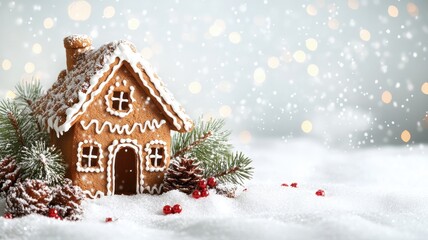 A Christmas gingerbread house in the snow, with bokeh lights and pine branches, against a white background