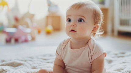 A baby sitting on a bed looking up at the sky