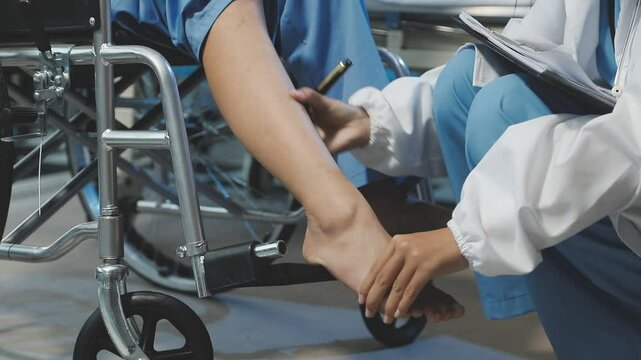 Asian female physiotherapist helping senior older woman stretching hamstring, Rehabilitation physiotherapy, elderly. Causes knee pain, swelling, redness, stiffness in knee, clunking noise in knee.