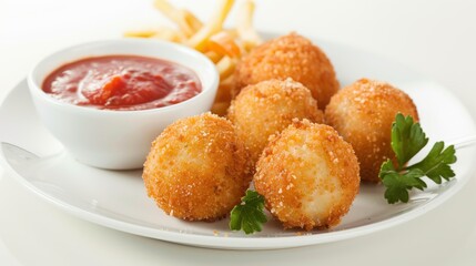 A plate of fried food with a side of ketchup