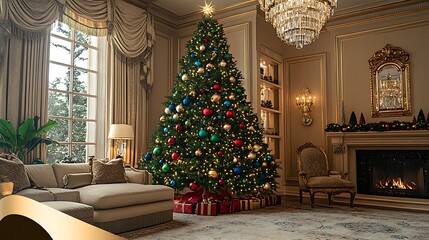 A dramatic Christmas tree adorned with rich emerald green, deep sapphire blue, and ruby red ornaments, placed in a regal living room with gold accents and a crystal chandelier,