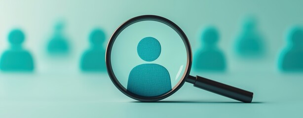 A magnifying glass over a glowing profile on a job portal, clean tech interface in soft tones, peaceful mood, 3D render, close-up with room for text.