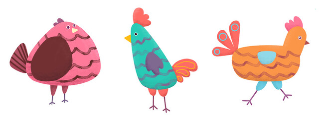 Rooster cock with hen and chicks isolated on white background.  hand drawn illustration cartoon characters