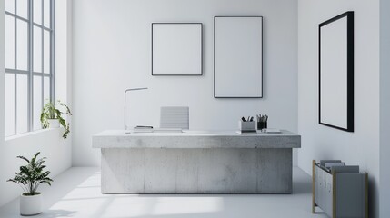 Fototapeta premium Home office with a minimalist theme, featuring a raw concrete desk, white walls, and simple, functional decor Urban and sleek
