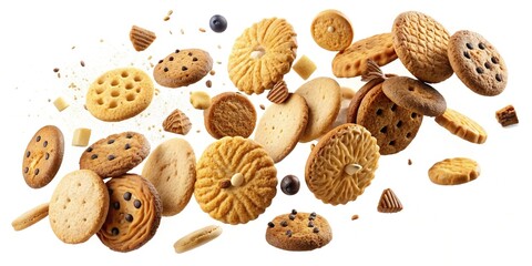 Falling biscuits cookies isolated on white background with clipping path