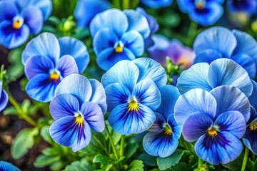 Delicate Light Blue Pansies Blooming in a Garden with Green Leaves Under Soft Natural Light