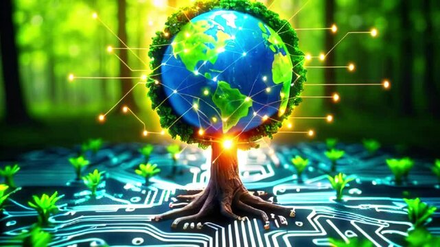 A tree with the Earth as its leaves, growing on a circuit board, representing nature and technology merging for a sustainable future.