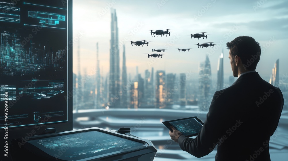 Aufkleber A skilled drone pilot manages multiple futuristic drones using a touchpad in a sleek, modern control center with a skyline view. Generative AI