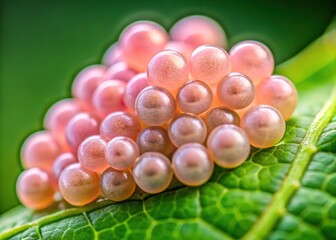 Delicate Pink Snail Eggs on Leaf Surface in Nature's Habitat, Close-Up, Macro Photography, Natural Beauty