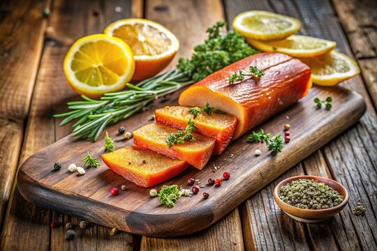 Delicately sliced Sardinian bottarga displayed on a rustic wooden board with herbs and lemon slices