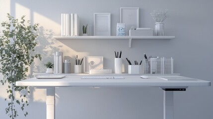 Home office with a minimalist setup, featuring a sleek, white standing desk, monochrome decor, and a focus on decluttered space Crisp and clean