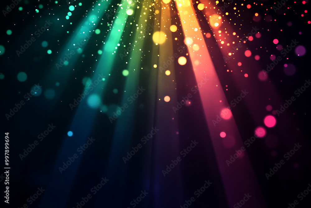 Poster a vibrant display of colorful light rays and particles creating a festive atmosphere.