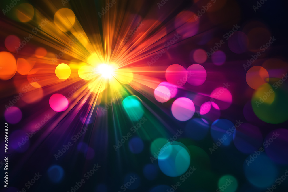 Poster a vibrant burst of colorful light rays and bokeh effects creating a joyful atmosphere.