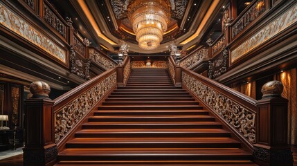 Fototapeta premium A grand staircase with elegantly carved wooden handrails