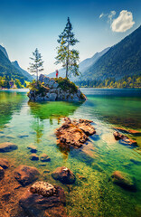 Swimming on the Hintersee lake at sunny summer day