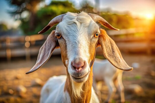 Farm goats in Etawa or Jamnapari breed, seen from a Javanese goat's perspective