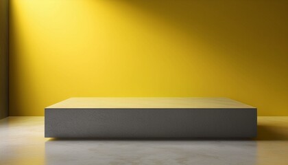 Studio with podium for product presentation. Empty floor and yellow wall with stand. 3D room with gradient background. Countertop with concrete or marble texture

