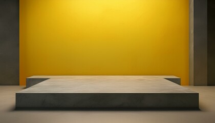 Studio with podium for product presentation. Empty floor and yellow wall with stand. 3D room with gradient background. Countertop with concrete or marble texture

