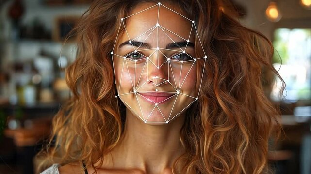 A woman with curly hair smiles as facial recognition technology overlays geometrical patterns on her face in a warm café filled with plants.
