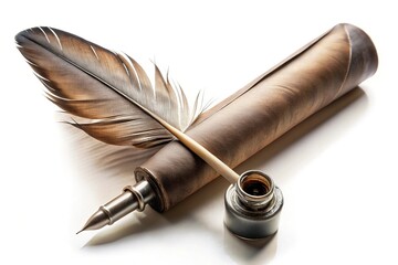 Feather pen with scroll and ink isolated on white background panoramic
