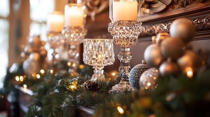 A richly decorated Christmas mantel with crystal candle holders and garlands