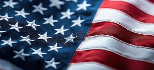 A close-up of the American flag waving in the wind, with its red and white stripes and blue field adorned by stars that symbolize each state. The background is blurred to emphasize the texture 