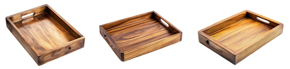 A set of stylish wooden serving tray with handles, isolated on a transparent background.