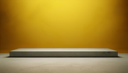 Studio with podium for product presentation. Empty floor and yellow wall with stand. 3D room with gradient background. Countertop with concrete or marble texture

