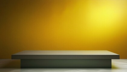 Studio with podium for product presentation. Empty floor and yellow wall with stand. 3D room with gradient background. Countertop with concrete or marble texture

