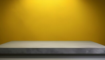 Studio with podium for product presentation. Empty floor and yellow wall with stand. 3D room with gradient background. Countertop with concrete or marble texture

