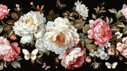 Elegant Floral Wallpaper with Peonies and Butterflies